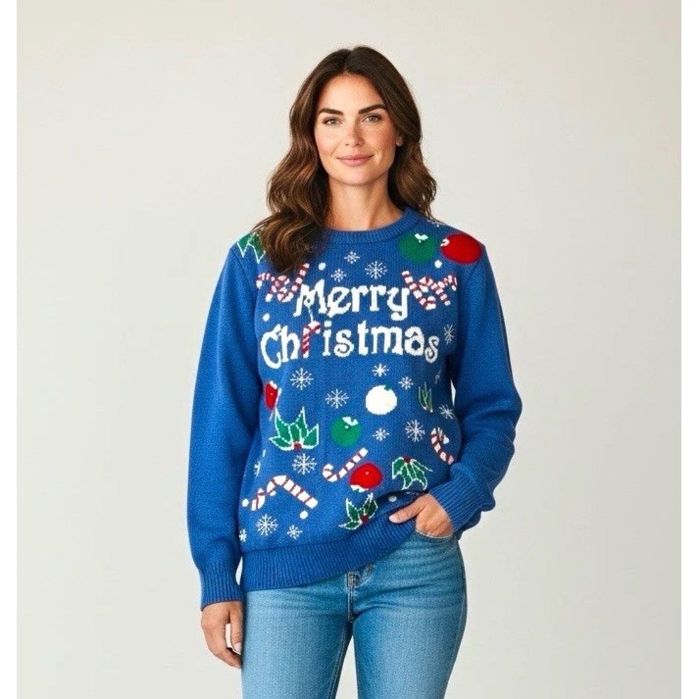 Womens M Blue Christmas Santa Graphic Knit Pullover Crew Raglan Long Sleeve